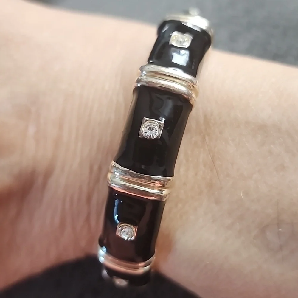 Black Enamel and Two-Tone Bangle Bracelet with Rhinestones